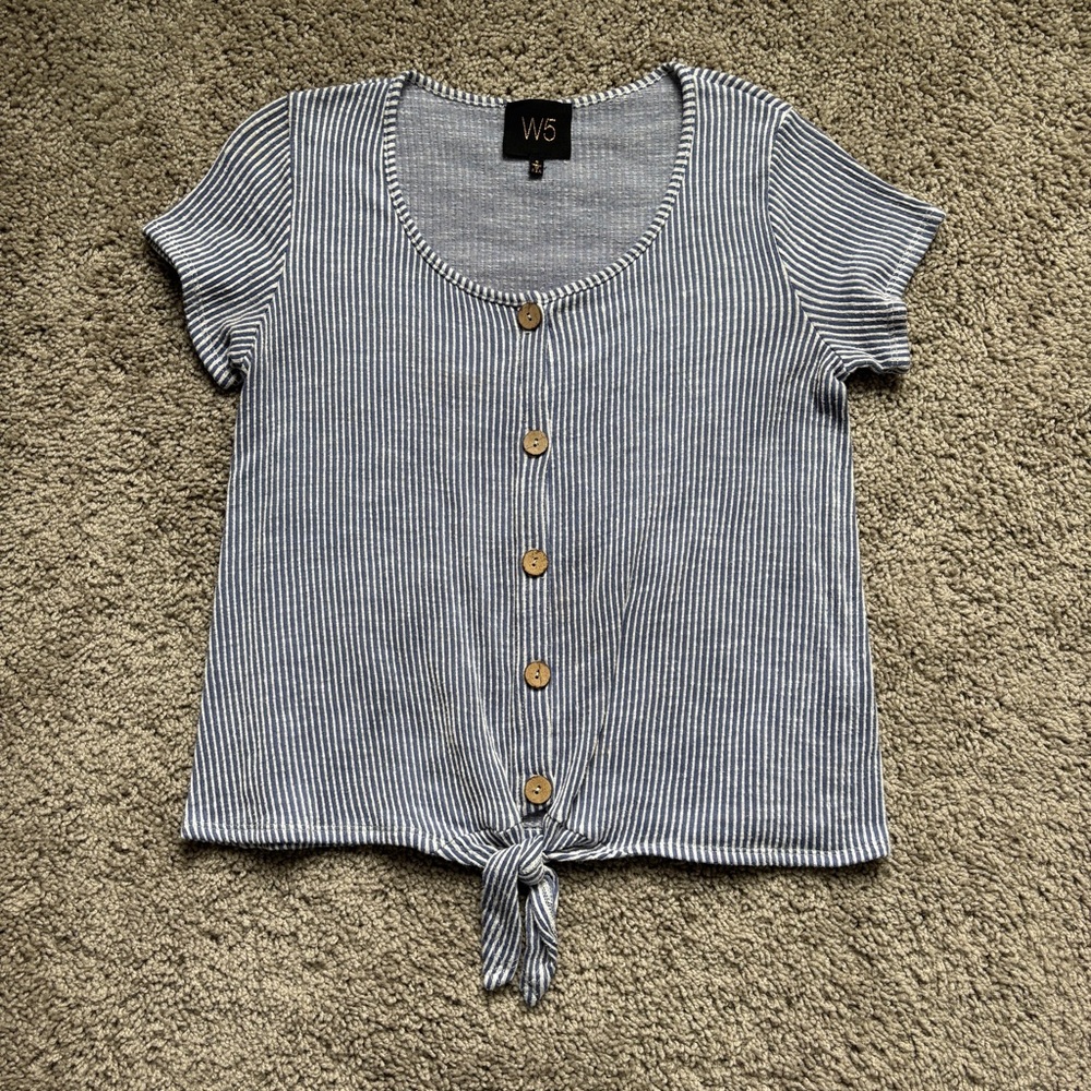 W5 Size S Blue/White Striped Tie Front Top